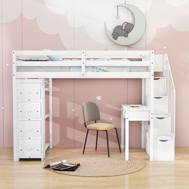 Heuss Kids Twin Loft Bed with Drawers, White