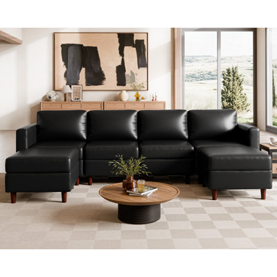 Canapé modulaire réversible en L de 118,5 po avec siège de rangement 6 pièces Caynemore - Similicuir - Noir