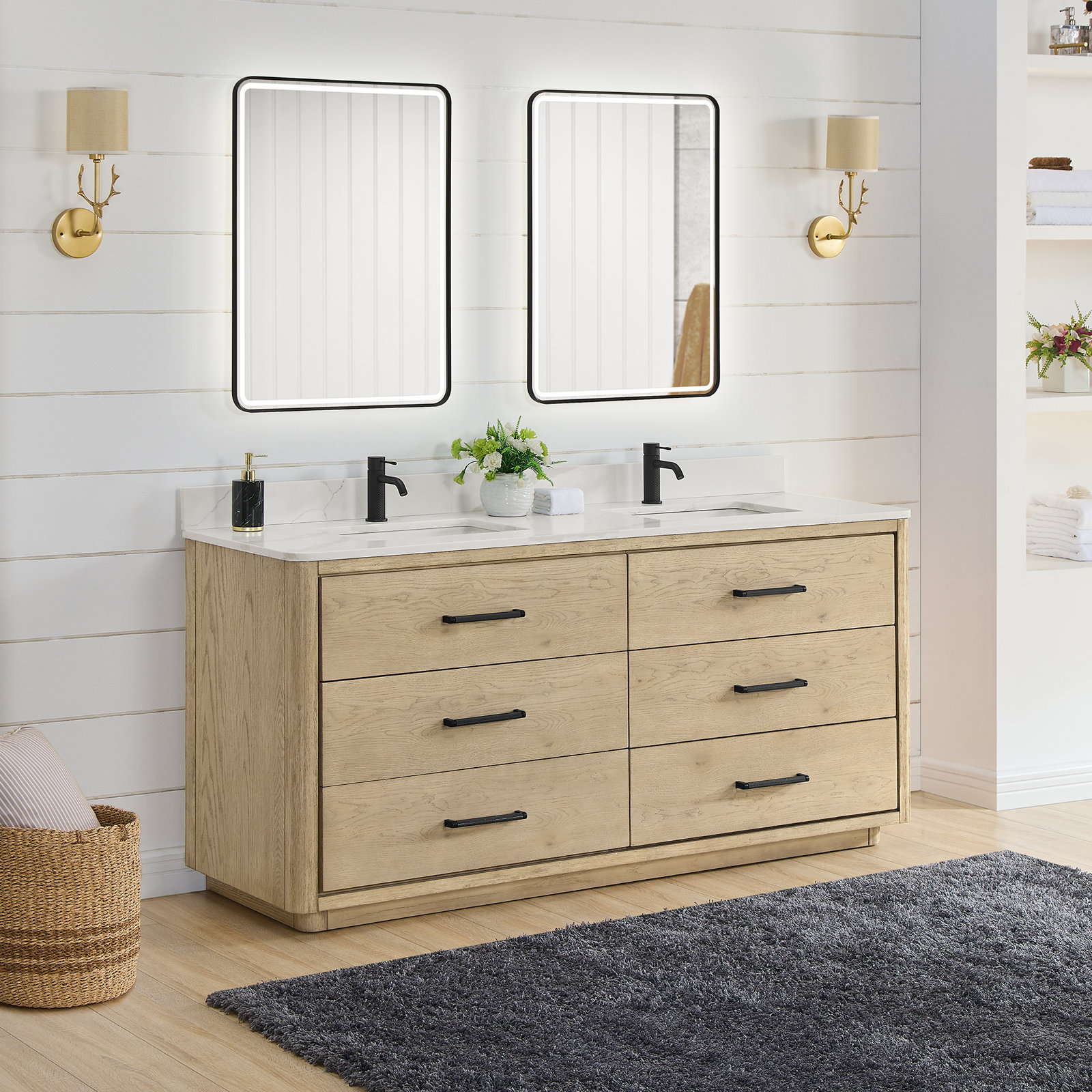 Porto 72'' Double Bathroom Vanity, Natural Oak, Matte Black