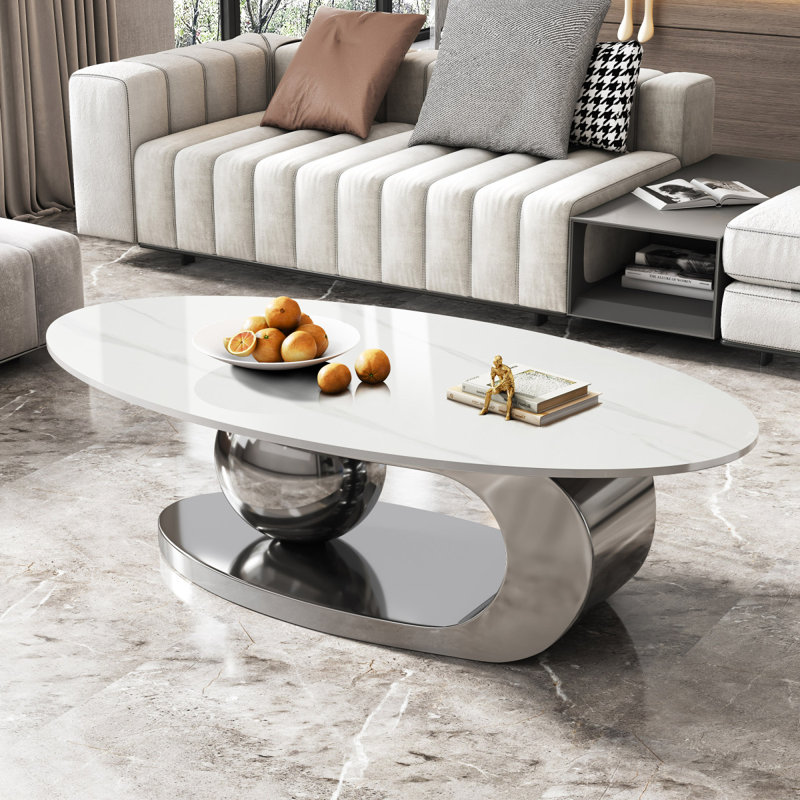Table basse 49,2 pouces ovale en faux marbre pour salon avec base en acier inoxydable, Gray