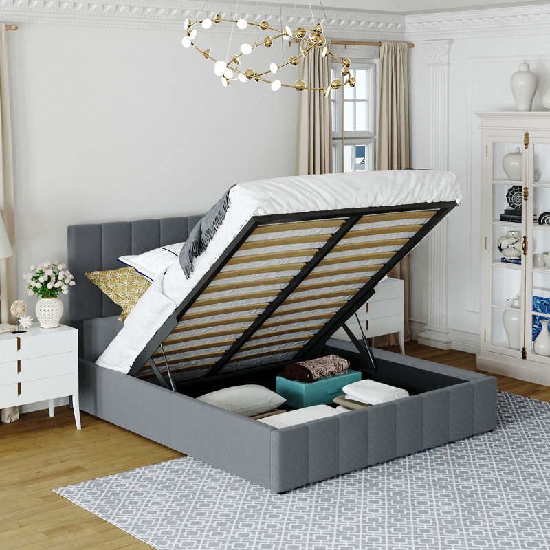 Lit plateforme tapissier avec système de rangement hydraulique - Gris, Grand lit