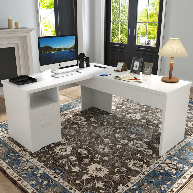 Deyra Adjustable Height Modular L-Shaped Executive Desk with Built-In Electrical Outlet, Brown