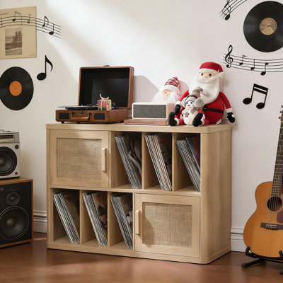 Large Boho Record Player Stand With Rattan Vinyl Storage For 450 Albums, Media Cabinet