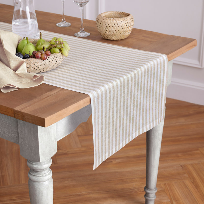 Amalfi Stripe - 100% Pure Linen Table Runner, Natural/White, 120" x 18"