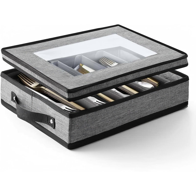 Flatware & Utensil Storage - Durable Silverware Storage Box With Padded Dividers, 5 Compartment Flatware Storage Case, Grey