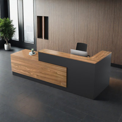 Retro L-Shaped Welcome Desk with Side Storage Cabinet – Office Desk and Podium