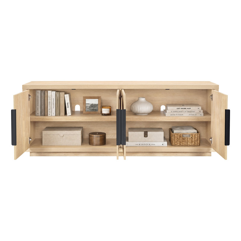Meuble télé 72 po en bois épaissi 72 po pour les téléviseurs de 88 po ou moins de style campagne moderne Mid-Century, quatre armoires de rangement avec tablettes réglables et console multimédia pour le salon, la chambre à coucher et le couloir