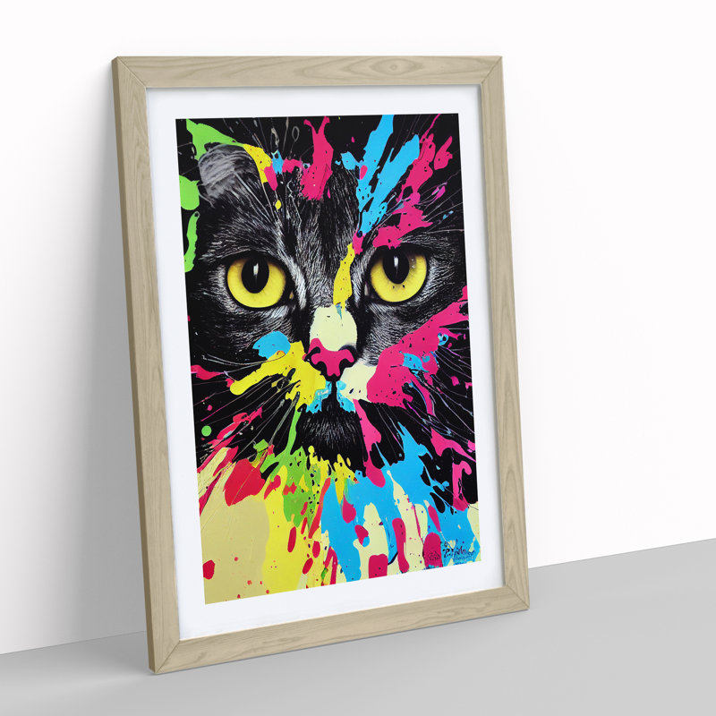 Paint Splat Cat - Framed Print, 64cm H x 46cm W x 2cm D, Oak