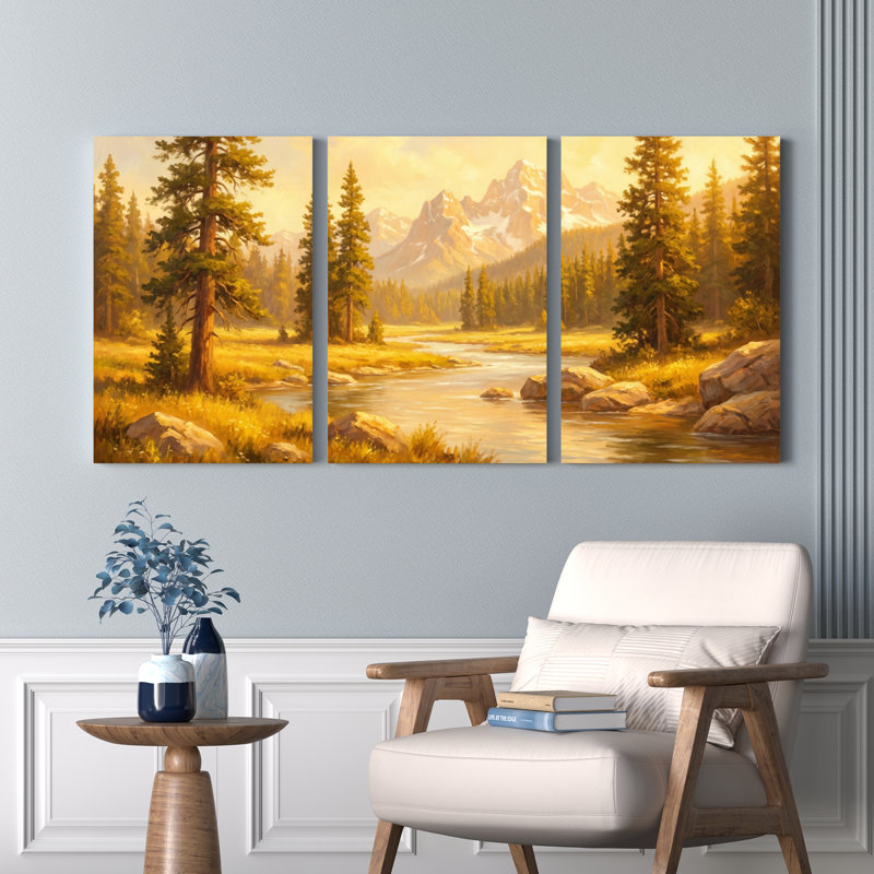 Ensemble de 3 tableaux sur toile tendue représentant un paysage de montagne avec rivière et pins, H 36 po x l 72 po