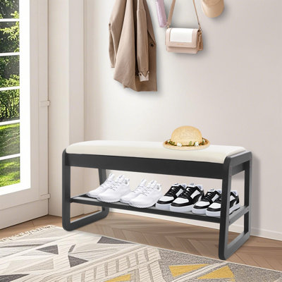 Banc de rangement pour chaussures en bois d'hévéa avec coussin en cuir ciré à l'huile 2 niveaux avec grille de rangement pour chaussures avec rangement dissimulé sous le siège