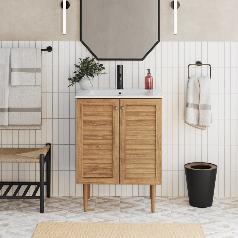 Meuble-lavabo autoportant 24 po Bron, Trou unique, Blanc, Chêne doré