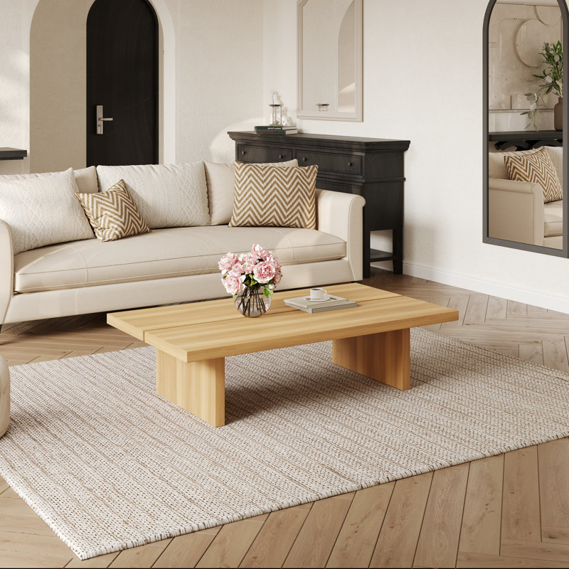 47"Modern Wood Coffee Table, Rectangler Sled Coffee Table for Livingroom, Oak, 12.6" H x 47.24" L x 23.62" W