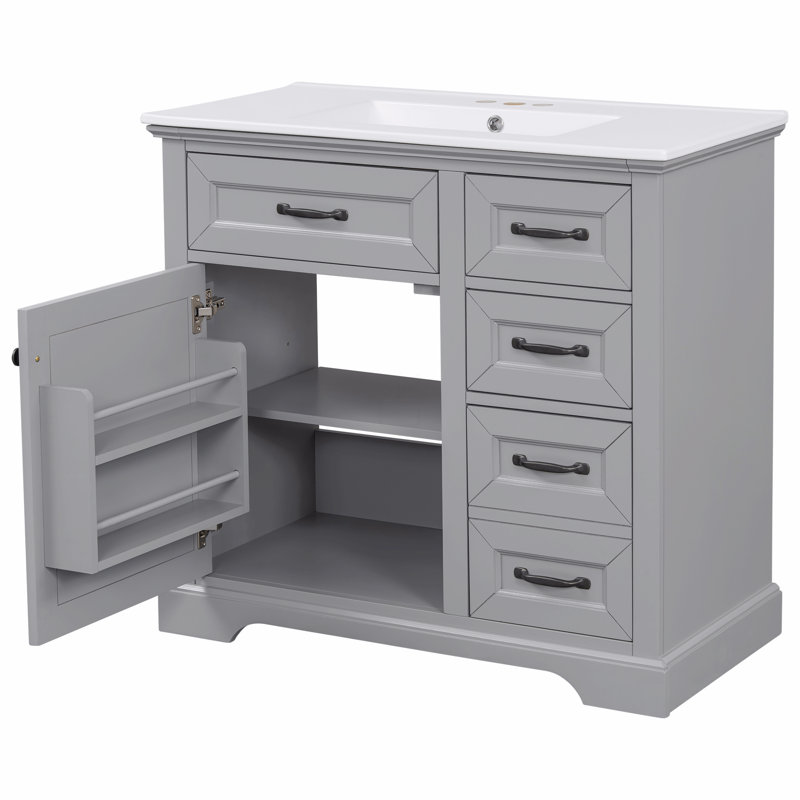 Meuble-lavabo 36 po avec lavabo, lavabo en céramique, 2 tiroirs basculants, charnières de porte à fermeture en douceur, Gris