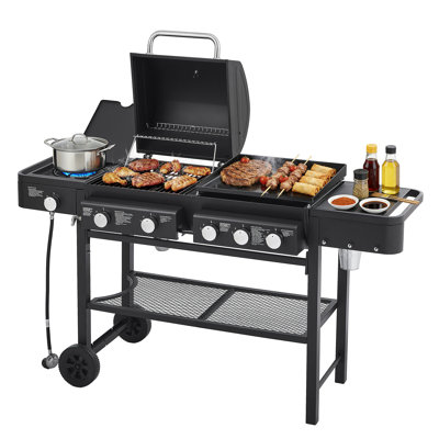 3-in-1 Outdoor Gas Grill Griddle Combo, 6-burner Bbq Grill With Side Burner & Storage, Portable Grill