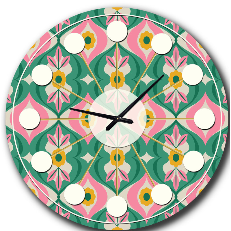 motif rétro avec fleurs et feuilles - horloge murale moderne Mid-Century, Grand