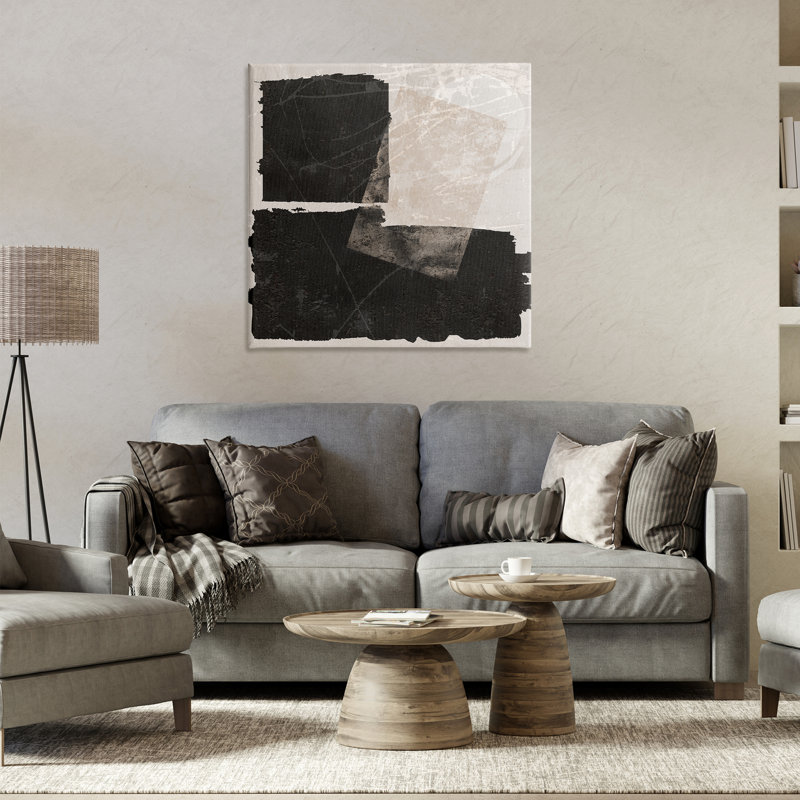 Art mural noir sur toile abstraite striée, design par Daniela Santiago, H 30 po x l 30 po