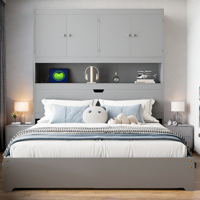 Lit plateforme en bois avec USB, tête de lit rabattable avec rangement et 2 tiroirs, Gris