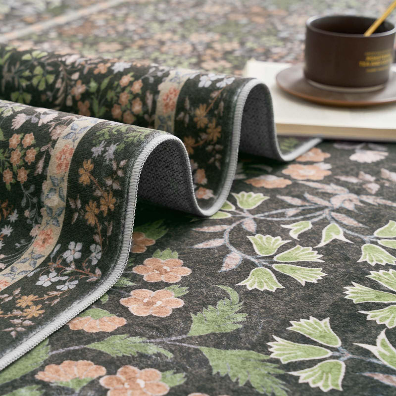Floral Machine Washable Area Rug, Rectangle 8' x 10', Black