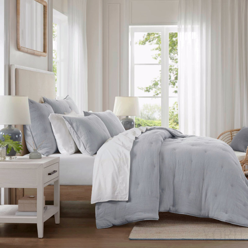 Ensemble de courtepointe 3 pièces en coton brodé double / grand, bleu