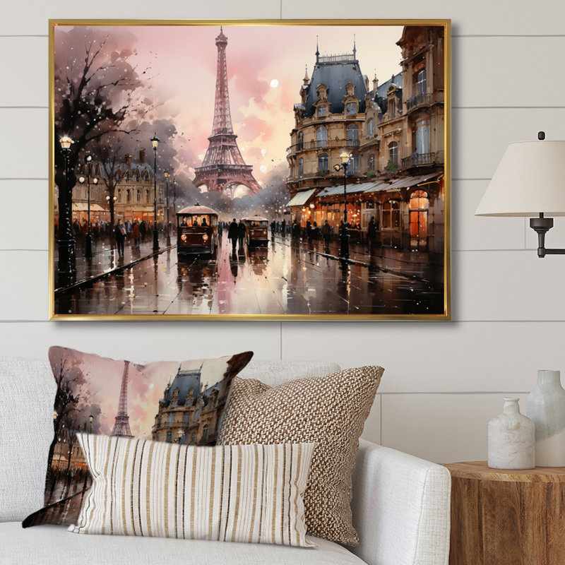 «Pink Twilight Rendezvous In Paris I», art mural de Paris pour le salon, H 34 po x l 44 po, Reproduction avec cadre flottant