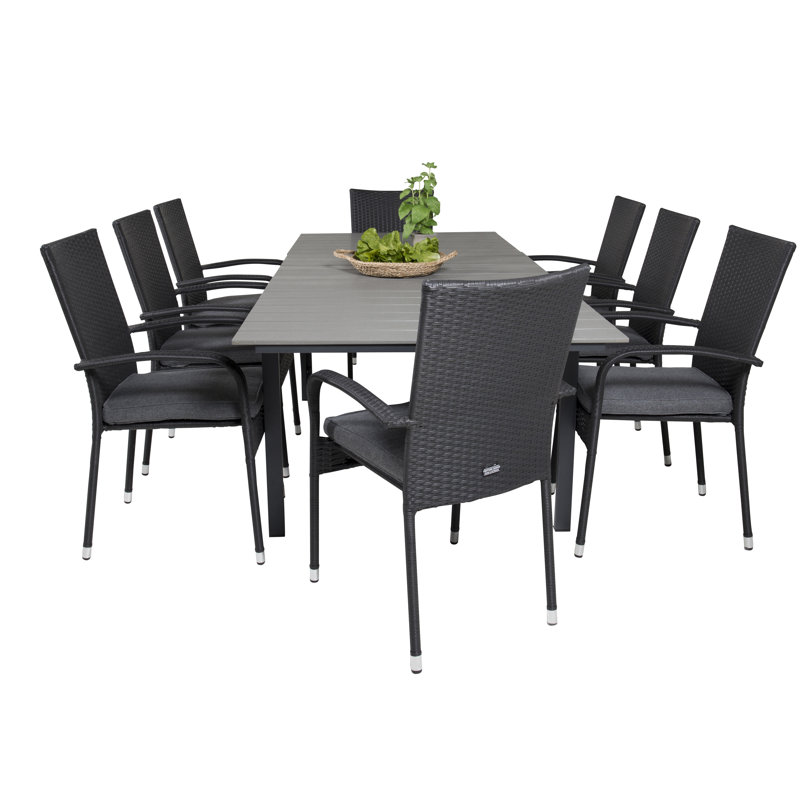 Faiyaz 8 - Person Patio Dining Set with Extendable Rectangular Table , Cushions Included, Black