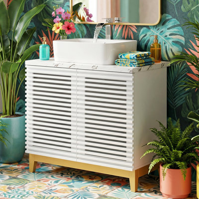 37.8" H White Bathroom Vanity With Sink, Louvered Doors, And Solid Wood Legs