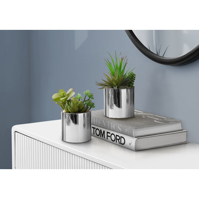 Artificial Plant, 7" Tall, Succulent, Indoor, Faux, Fake, Table, Greenery, Potted, Set Of 2, Decorative, Green Plants, Pots