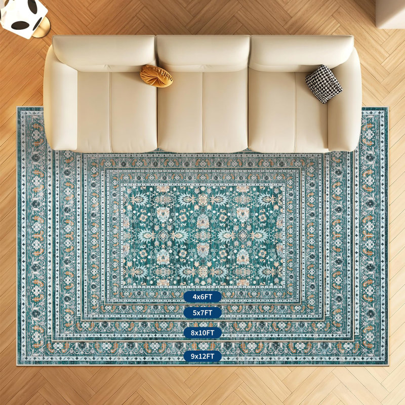 8x10 Area Rug for Living Room, Washable Vintage Printed Soft Rugs, Non Slip Low Pile Carpet for Bedroom, Dining Room, Living Room, Green