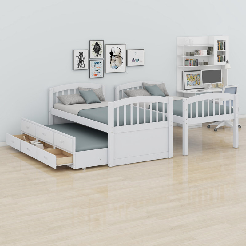 Wood Bunk Bed With Trundle And Drawers, White