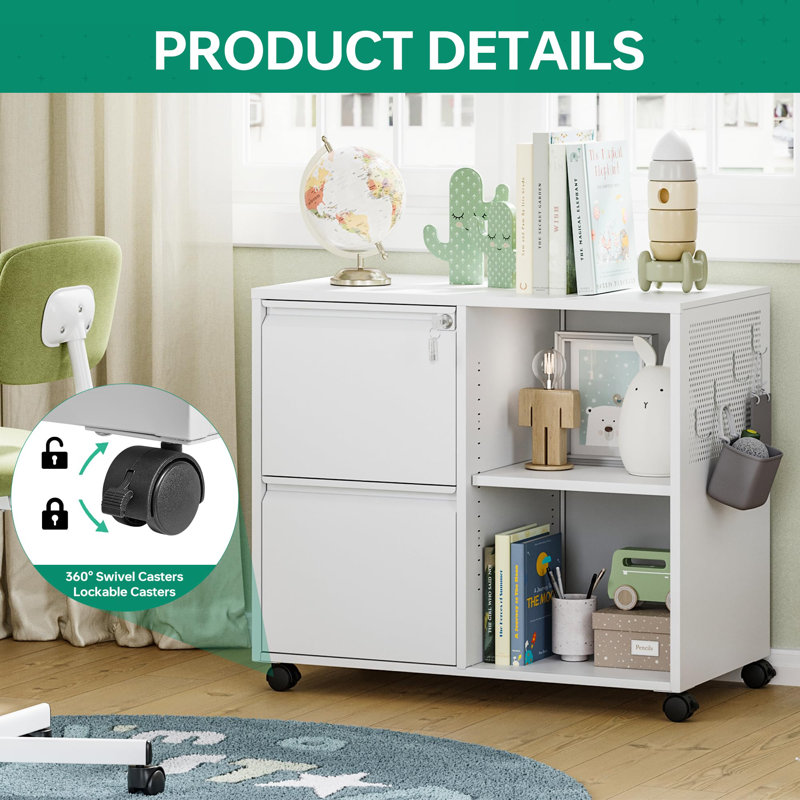 Keydy 31.5'' Wide 2 -Drawer Mobile Steel File Cabinet, White