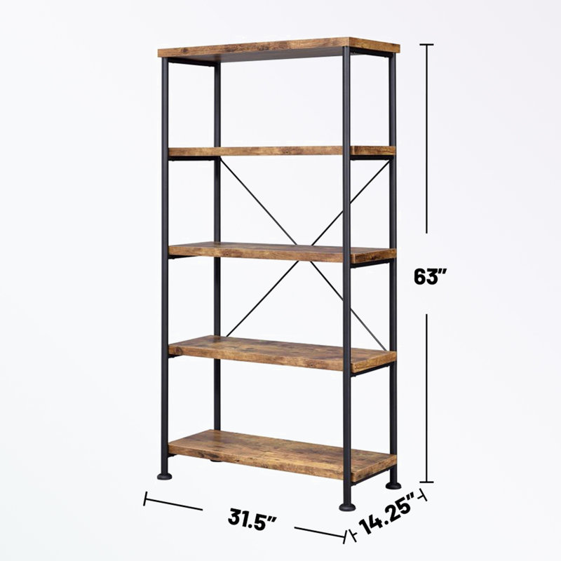 5-shelf Bookcase with Metal Frame, Antique Brown