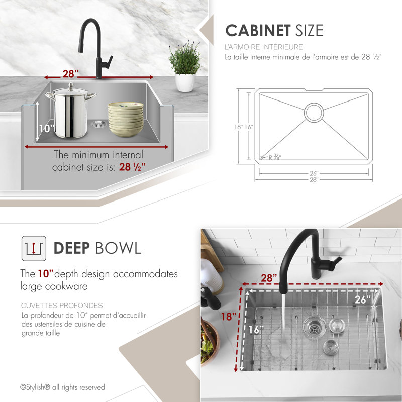 28 in. x 18 in. 16 Gauge, Stainless Steel, Brushed Single Bowl Undermount Kitchen Sink with Bottom Grid, 16