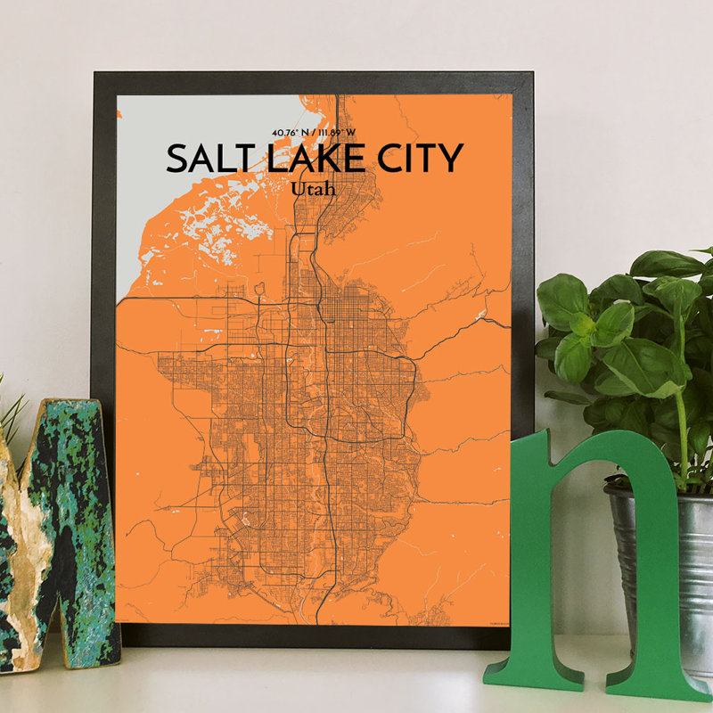 « Salt Lake City Map », impression d’art graphique orange, H 17 po x l 11 po x P 0,05 po