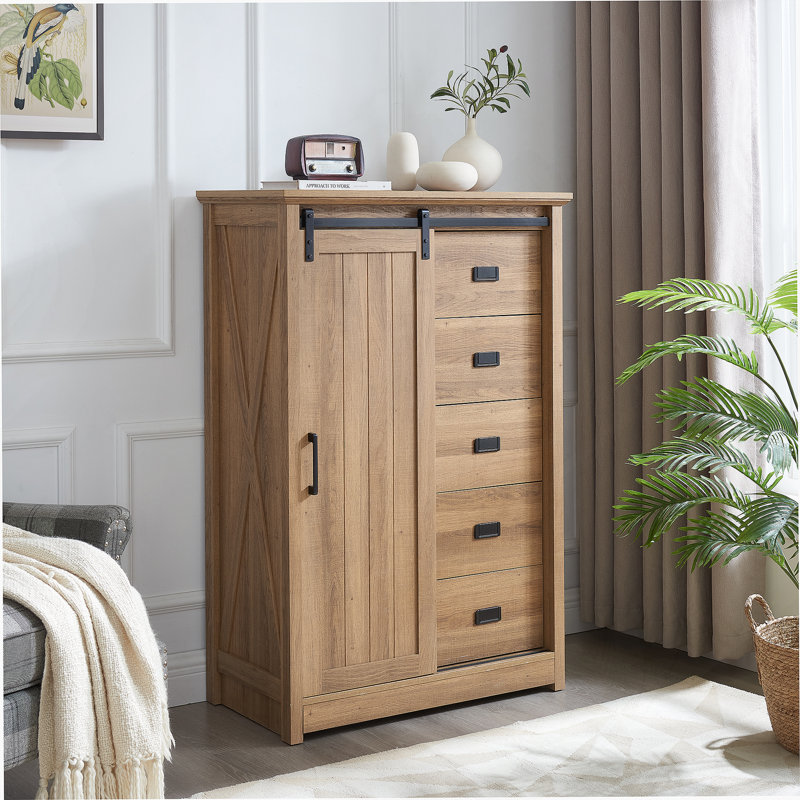 Commode 5 tiroirs avec porte de grange coulissante, commode haute style campagne 5 tiroirs, commode de rangement