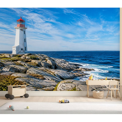Wall Mural Peel and Stick Wallpaper Peggy s Cove Lighthouse under Summer Sky Nova Scotia Canada sea ocean Self-Adhesive Removable Contact Paper Wall Decor for Living Room Bedroom 69"H x 96"W