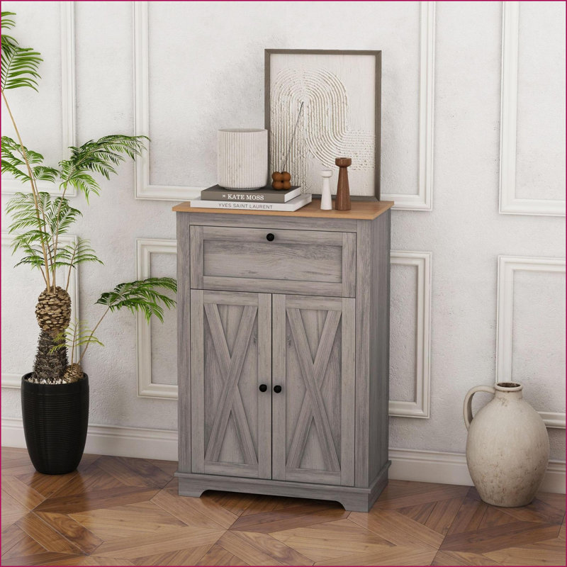 Sideboard, HOMCOM Farmhouse Gray Storage Cabinet with Double Doors, Drawer &amp; Adjustable Shelf | Particle Board | Melamine Coating