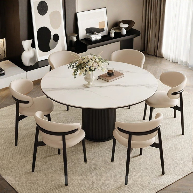 Table de salle à manger ronde de style crème et chaise, H 29,5 po x L 47,2 po x l 47,2 po, Marbre blanc / noir, Blanc/Noir