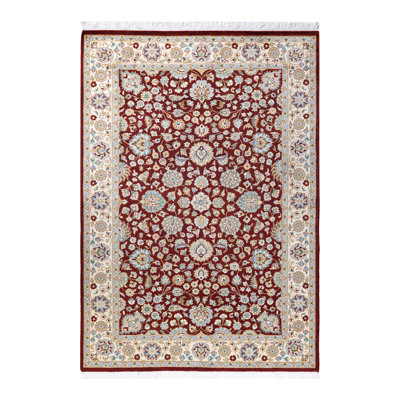 Tapis rouge en laine noué à la main de conception unique 4 pi 2 po x 5 pi 10 po Hayner