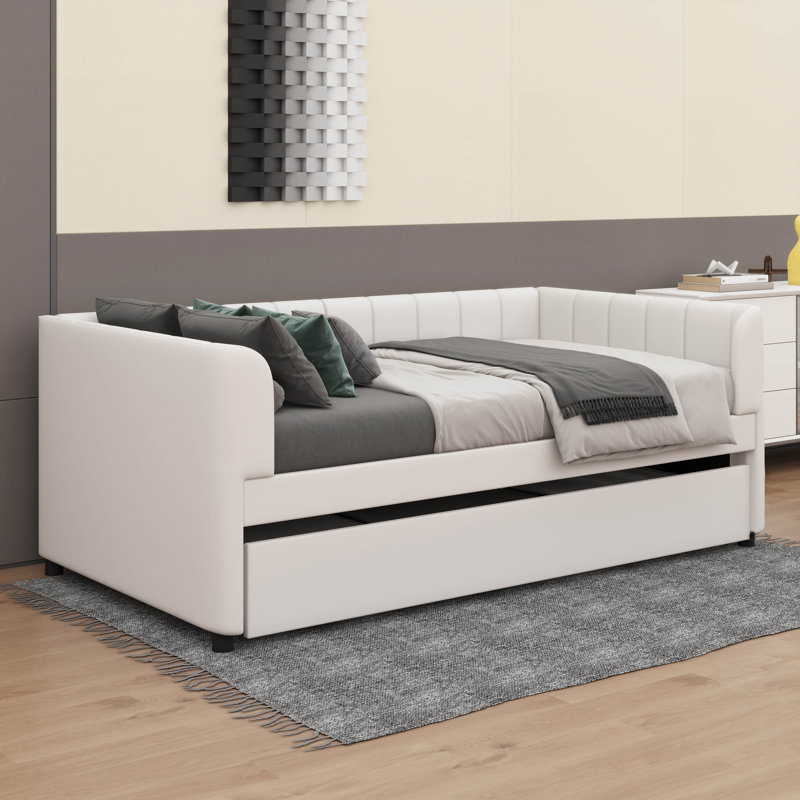 Lit de jour simple rembourré en tissu avec dossier ergonomique et lit gigogne escamotable, Beige