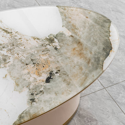 Table basse ovale de luxe de 51,18 po avec tiroir, plateau en verre imprimé, structure en acier inoxydable brossé 201 #, centre de rangement de salon moderne