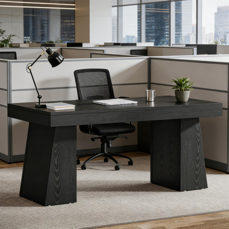 Wood Workstation Desk (Not Include Stools), Black