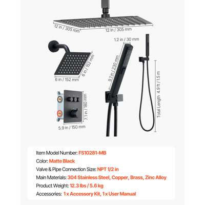 Shower Faucet Set, 12 Inch Thermostatic Ceiling Mount Rainfall Shower System with 6 Inch Wall Mount Head and 2 in 1 Handheld Spray, 3-Function Dual Rain Head Brass Valve & Trim Kit, Matte Black