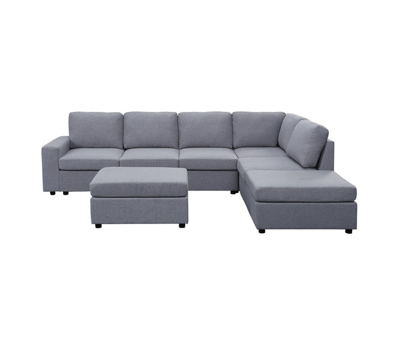 Canapé d'angle modulable réversible 7 places Cassia 120 po en lin gris pâle avec pouf