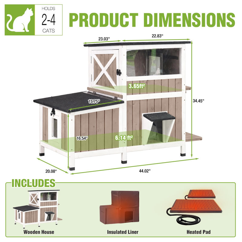 Maison de chat chauffée pour l'extérieur, grande maison de chat extérieure isolée à 2 niveaux pour chat avec coussin chauffant, doublure isolée, spacieuse pour 2 à 4 chats