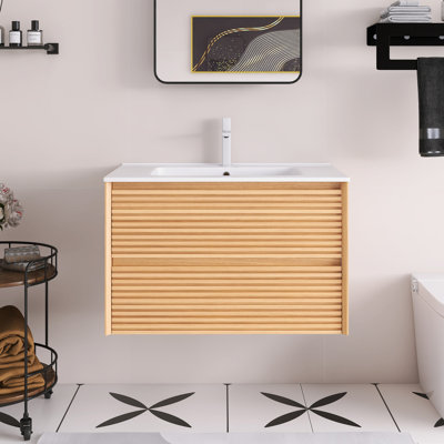 Meuble-lavabo mural en céramique blanc à grain de bois