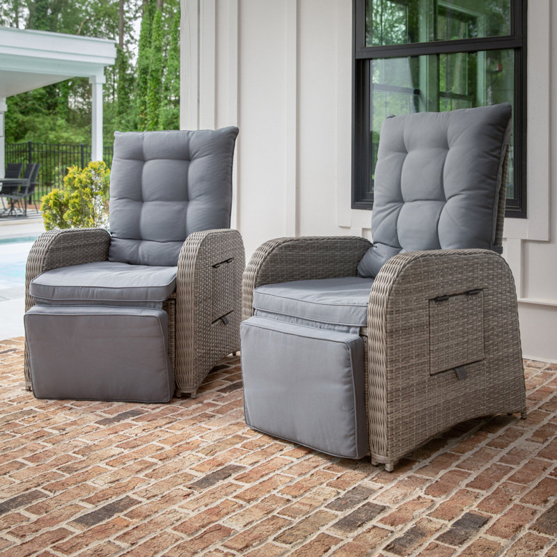 Vilborg Indoor/Outdoor Patio Wicker Rattan Recliner Lounge Chairs with Flip up Side Tables, Light Gray, Gray