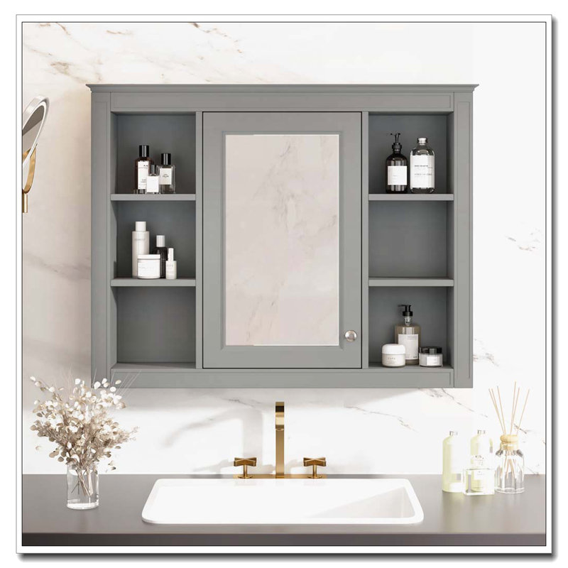 35" x 27.5" Wall Bathroom Cabinet with Mirror,Cabinet,6 Open Shelves, Gray