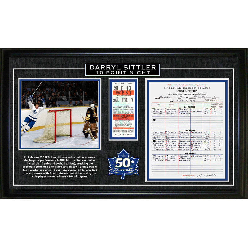 Darryl Sittler Maple Leafs de Toronto, réplique de la feuille de pointage de 10 points, feuille de pointage et billet (édition 50e anniversaire), mur A encadré