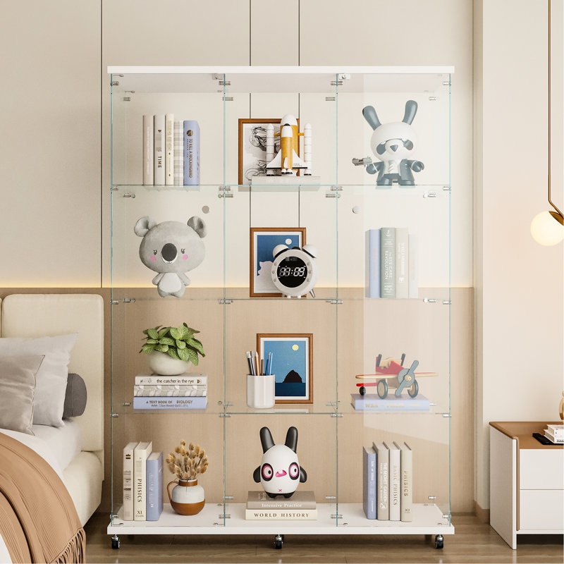 Très grande vitrine en verre à 4 tablettes, pour le salon de la chambre à coucher - noir / blanc, espace suffisant, matériau trempé de haute qualité, armoire en bois massif robuste, bureau facile à assembler