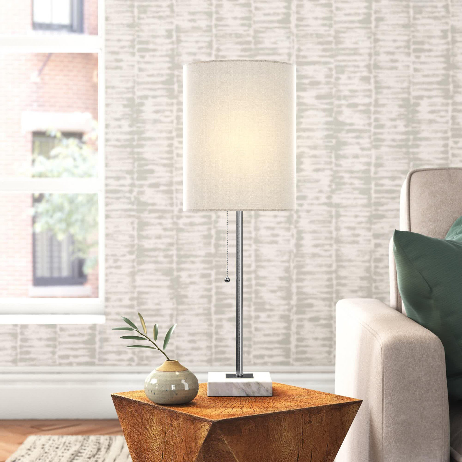 Reed Genuine Marble Table Lamp, Brushed Steel